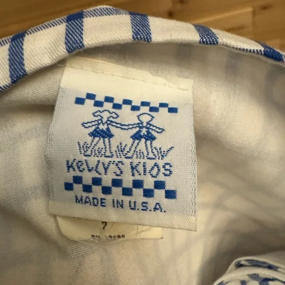 Vintage Kelly’s Kids Size 7 Blue White Gingham Strawberry Bee Tank Dress Summer - Picture 8 of 9